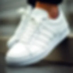 Close-up of adidas Busenitz All White shoes showcasing design details