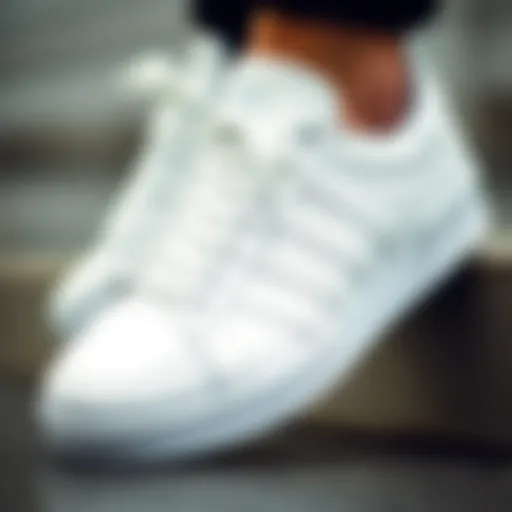 Close-up of adidas Busenitz All White shoes showcasing design details
