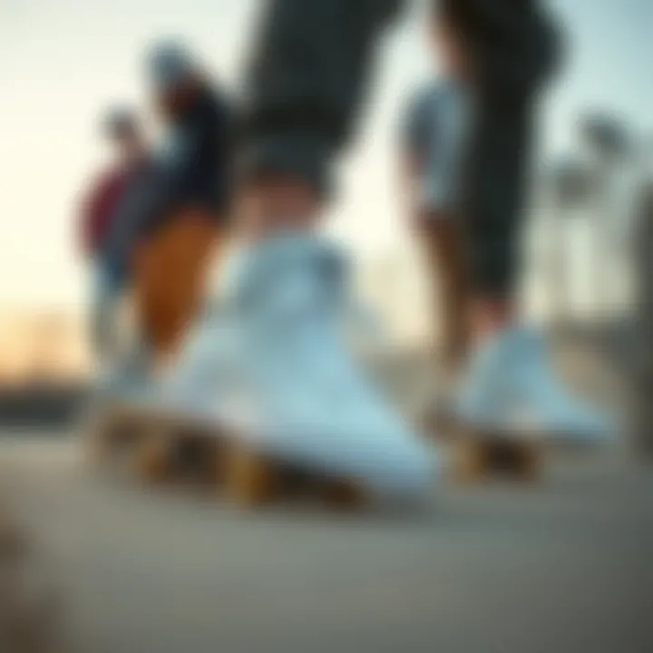 Group of skateboarders wearing adidas Busenitz All White shoes at a skate park
