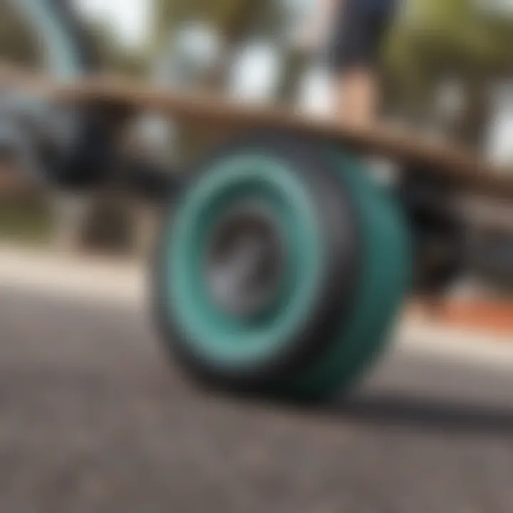 Close-up of longboard wheels and bearings highlighting performance features