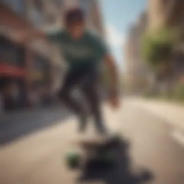 Skateboarder executing tricks on a longboard in an urban setting