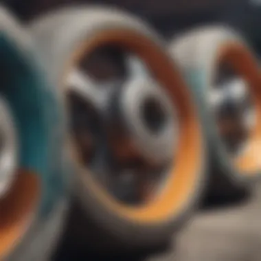 Material Composition of Skateboard Wheels Close-up of skateboard wheels showcasing material composition.