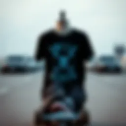 A stylish black blue graphic tee displayed on a skateboard.