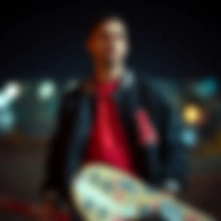 A stylish skateboarder wearing a black letterman jacket, epitomizing personal expression in the skate community.