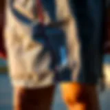 Close-up of blue gear shorts showcasing stitching and fabric texture