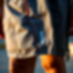 Close-up of blue gear shorts showcasing stitching and fabric texture