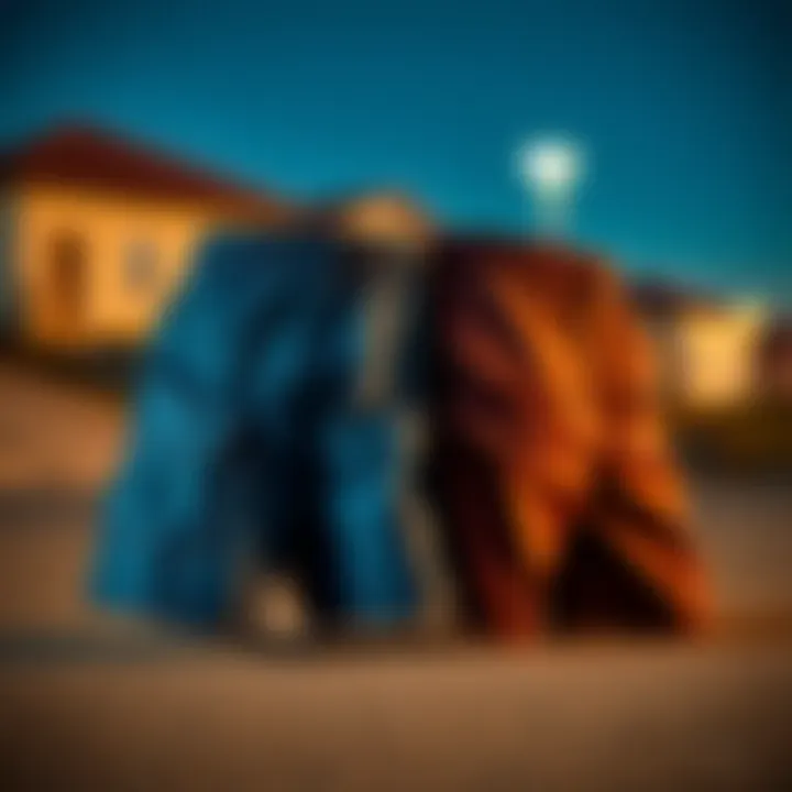 Side-by-side comparison of different styles of blue gear shorts