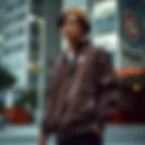 Brown Nike zip-up jacket displayed in an urban skate park setting