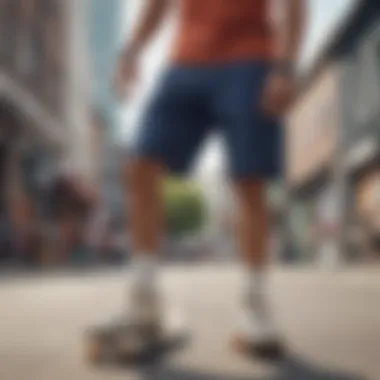 Stylish shot of Champion crinkle nylon shorts in an urban skateboarding environment