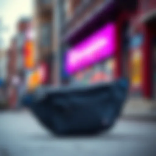 Champion fanny pack displayed against a vibrant urban backdrop