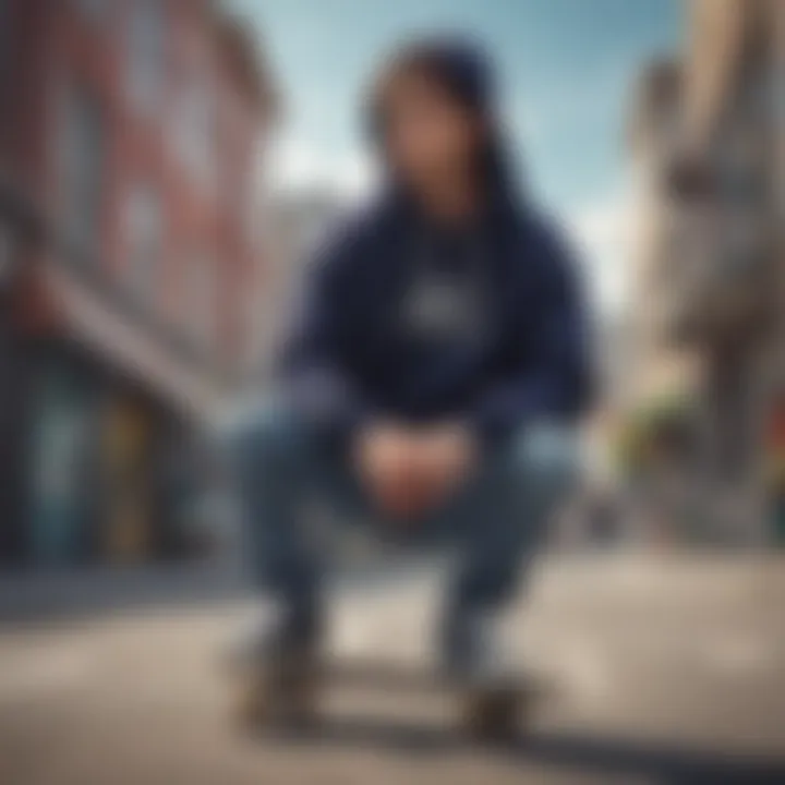 Skater wearing a small Champion hoodie in an urban setting