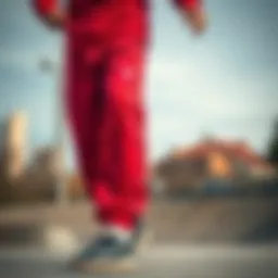 Champion zipper sweatpants displayed in an urban skate park setting