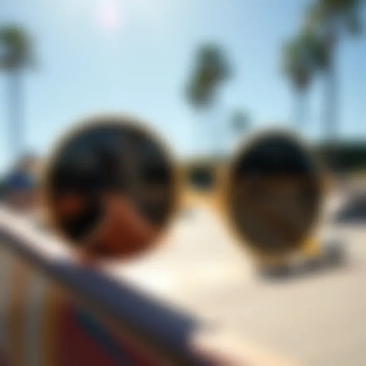 Close-up of circle rim sunglasses reflecting skate park scene