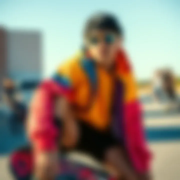 Skateboarder showcasing color blocked attire