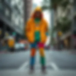 Vibrant color blocked outfit on a city street