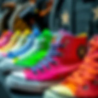 An artistic arrangement of different color variations of Rainbow High Top Converse on display.