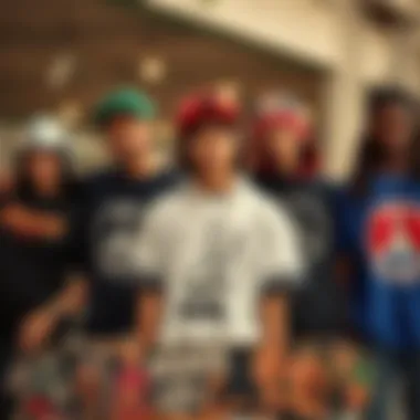 A group of skaters wearing peace-themed apparel, reflecting community spirit.