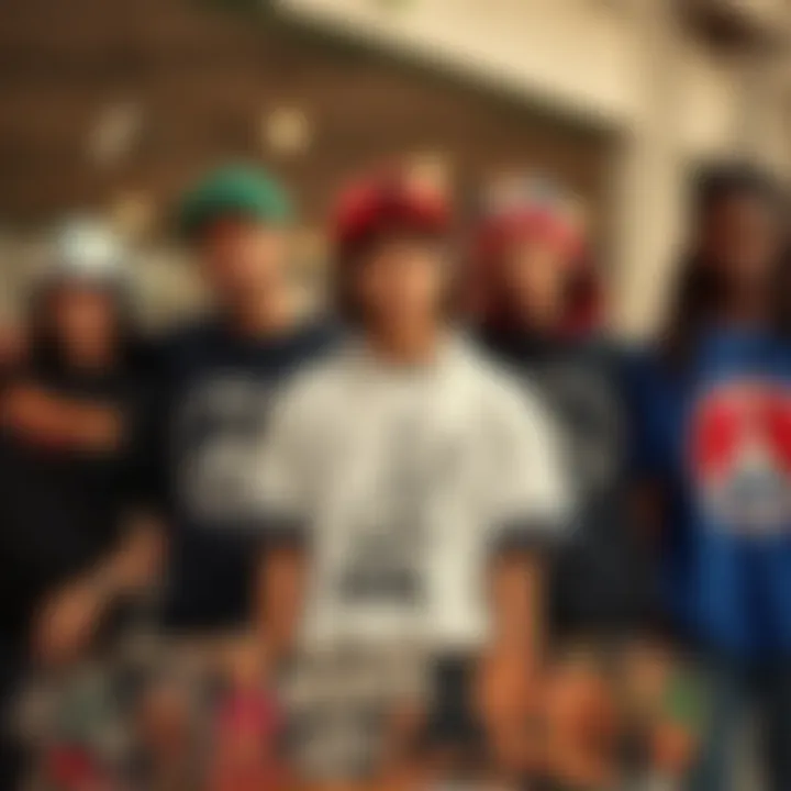 A group of skaters wearing peace-themed apparel, reflecting community spirit.