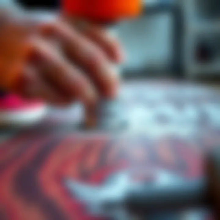 Close-up view of spray grip application on skateboard