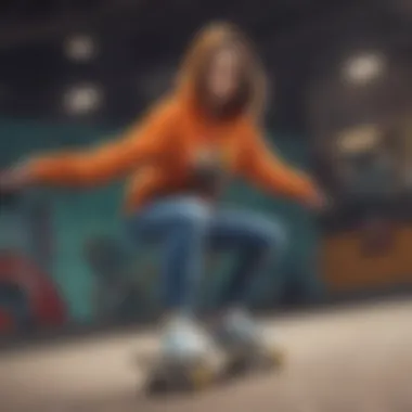 Stylish Expression in Skate Culture Dynamic female skater in a vibrant hoodie showcasing her style on the board.