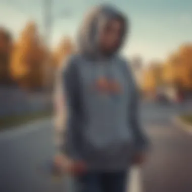 Integrating Hoodies into Skate Lifestyle Artistic shot of a hoodie with skateboard accessories, reflecting lifestyle integration.