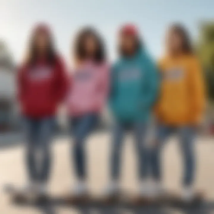 Group of female skateboarders wearing diverse hoodie styles at a skate park.