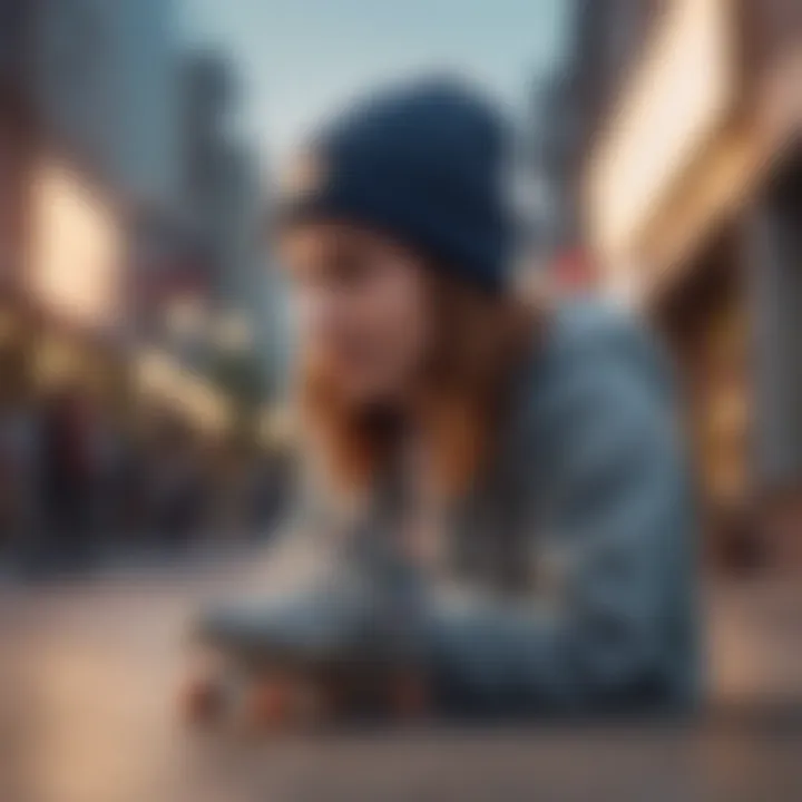 A beanie worn during a skateboarding session, capturing the essence of urban culture.