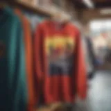 Colorful skateboard sweatshirts displayed in a vibrant local skate shop