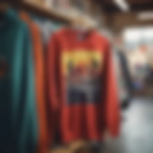 Colorful skateboard sweatshirts displayed in a vibrant local skate shop