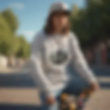 A skater showcasing a perfect fit sweatshirt while riding a skateboard