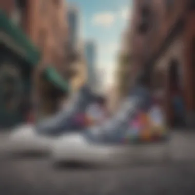 An artistic representation of the Converse Chuck Taylor All Star Lift High Top Platform Sneakers in a fashionable urban setting.