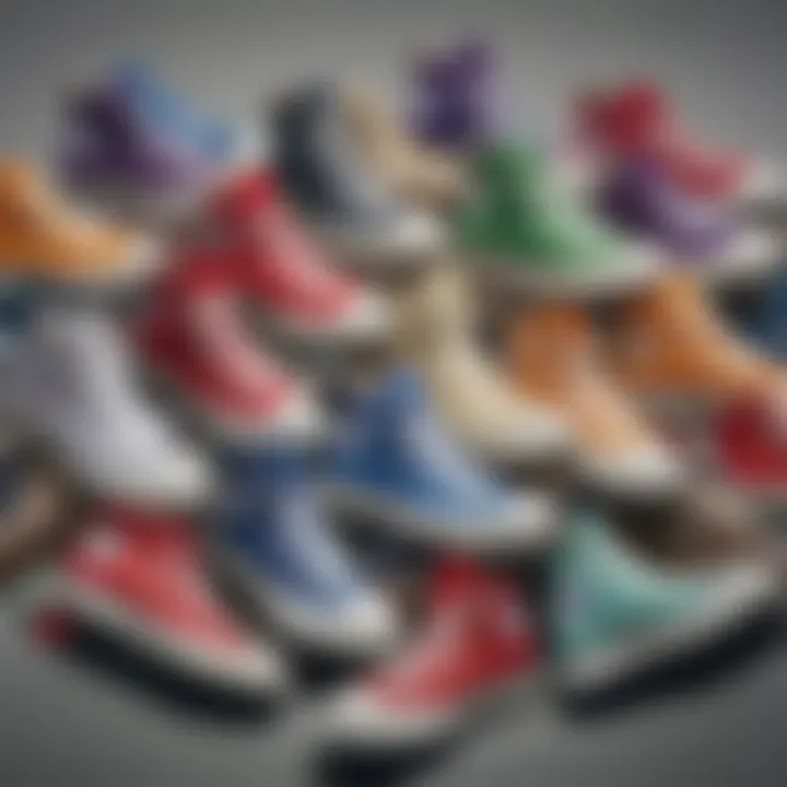 A collection of various colorways of Converse high tops arranged artistically.