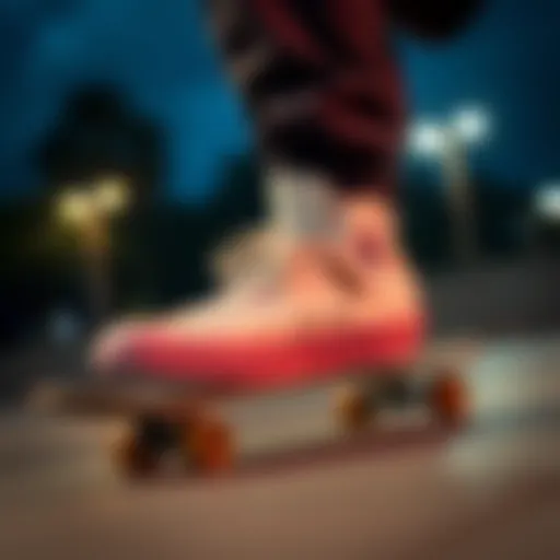 Stylish Converse white leather shoes on a skateboard