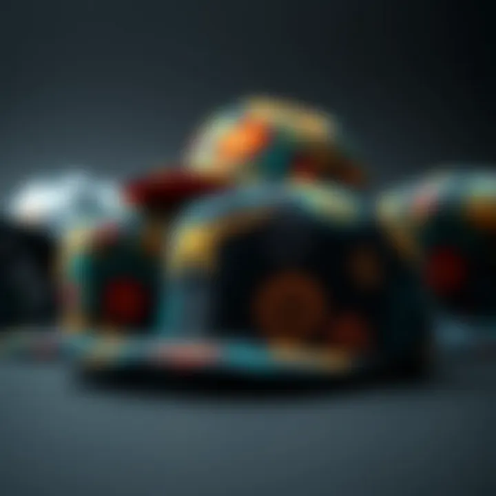 A collection of diverse snapback hats showcasing unique patterns and colors.