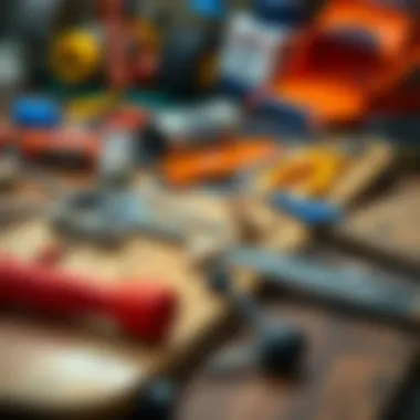 Essential tools laid out for skateboard assembly