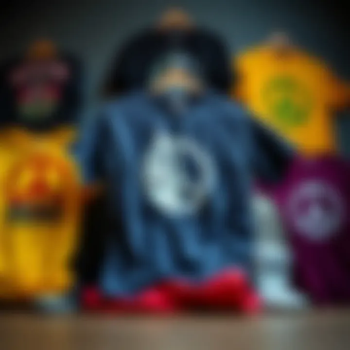 An artistic arrangement of various peace-themed t-shirts displayed creatively.