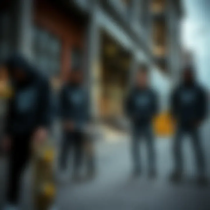 Skateboarders in Urban Setting A group of skateboarders wearing Crooks and Castles black hoodies in an urban setting