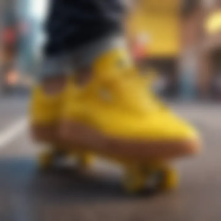 A close-up of the unique design details of yellow Adidas skate shoes