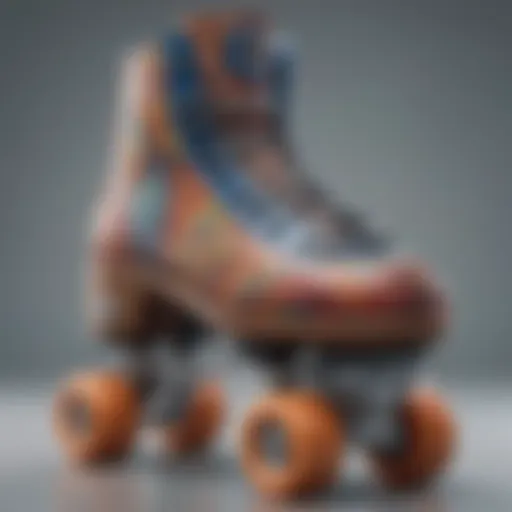 A close-up view of designer roller skates showcasing intricate patterns and colors.