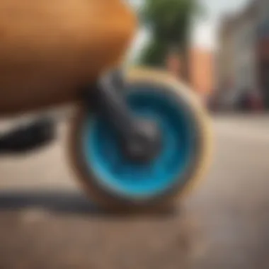 Close-up of skate wheels on a longboard