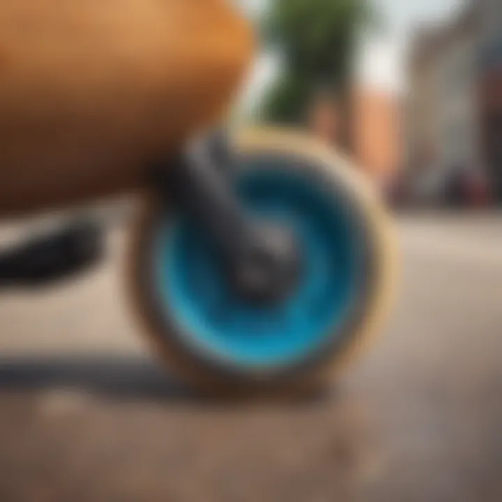 Close-up of skate wheels on a longboard