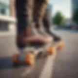Different types of outdoor skates lined up on a pavement
