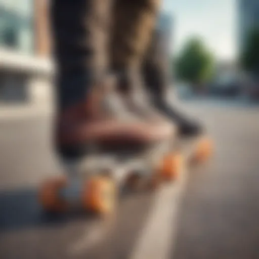 Different types of outdoor skates lined up on a pavement
