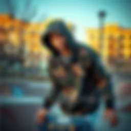 A skater wearing a Dickies camo jacket in an urban skate park setting