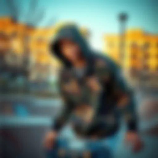 A skater wearing a Dickies camo jacket in an urban skate park setting