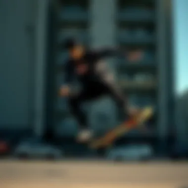 A skateboarder performing tricks while wearing Dickies Slim Fit apparel in an urban setting.