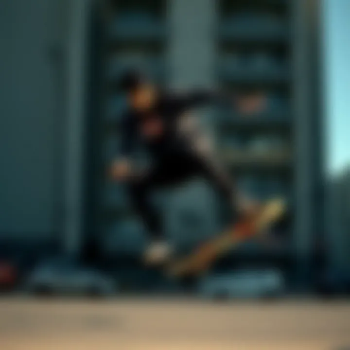 A skateboarder performing tricks while wearing Dickies Slim Fit apparel in an urban setting.