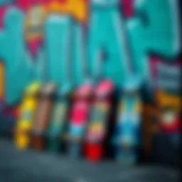 A vibrant collection of colorful skateboards lined up against a graffiti wall