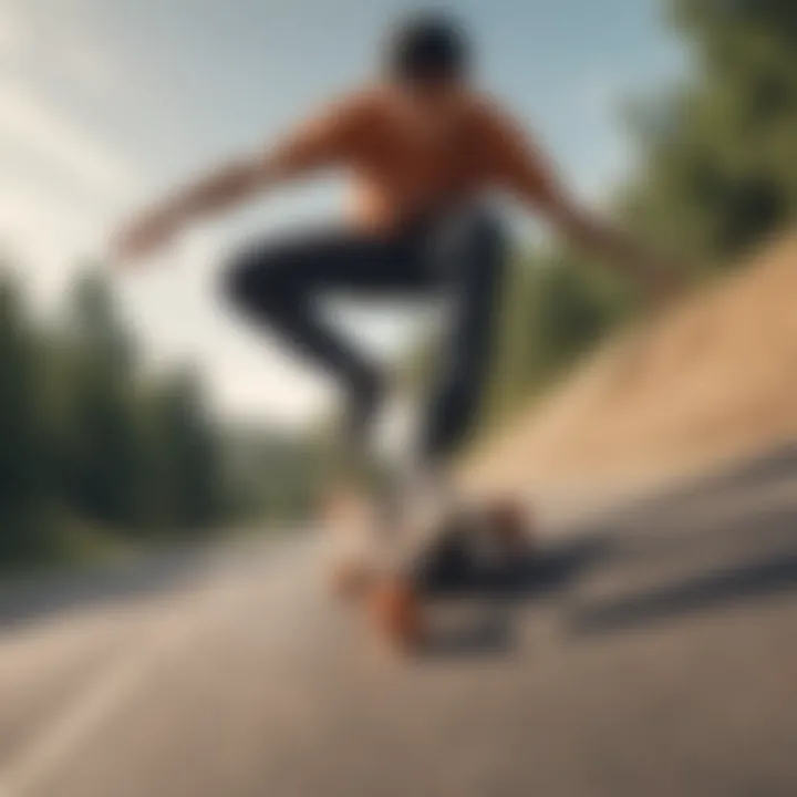 An individual riding a drop down longboard down a hill, demonstrating its performance capabilities.