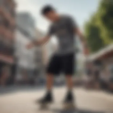Embracing Skate Culture with Black Sweatshorts A stylish pair of black sweatshorts on a skateboard